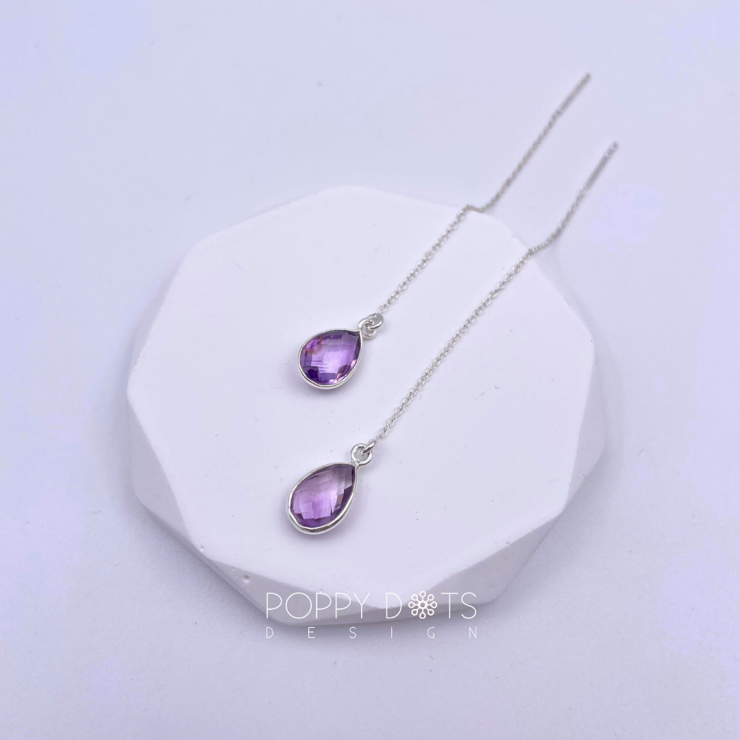 Sterling Silver Teardrop Purple Amethyst Threader Earrings