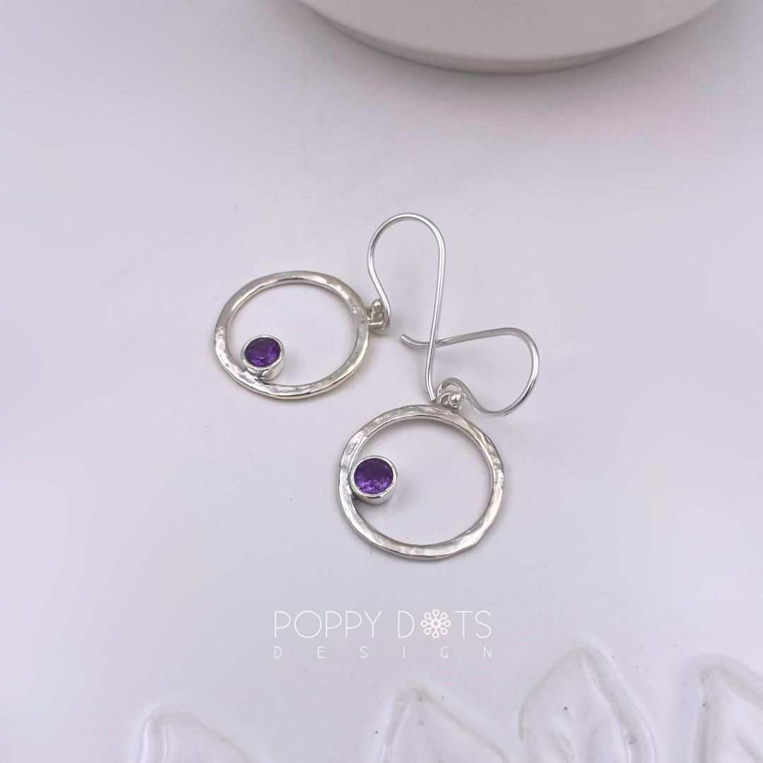 Sterling Silver Hammered Circle Purple Amethyst Earrings