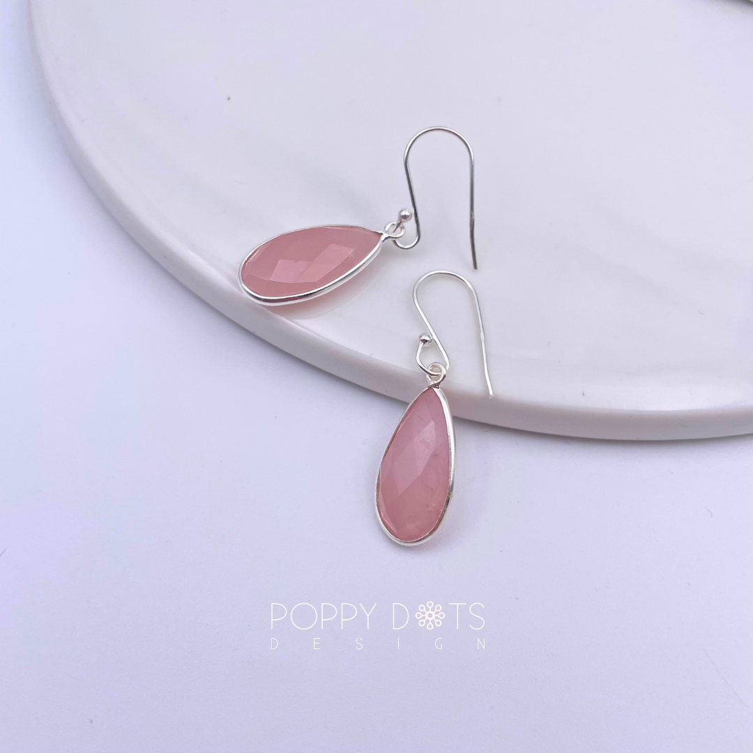 Sterling Silver Tall Teardrop Rose Quartz Earrings