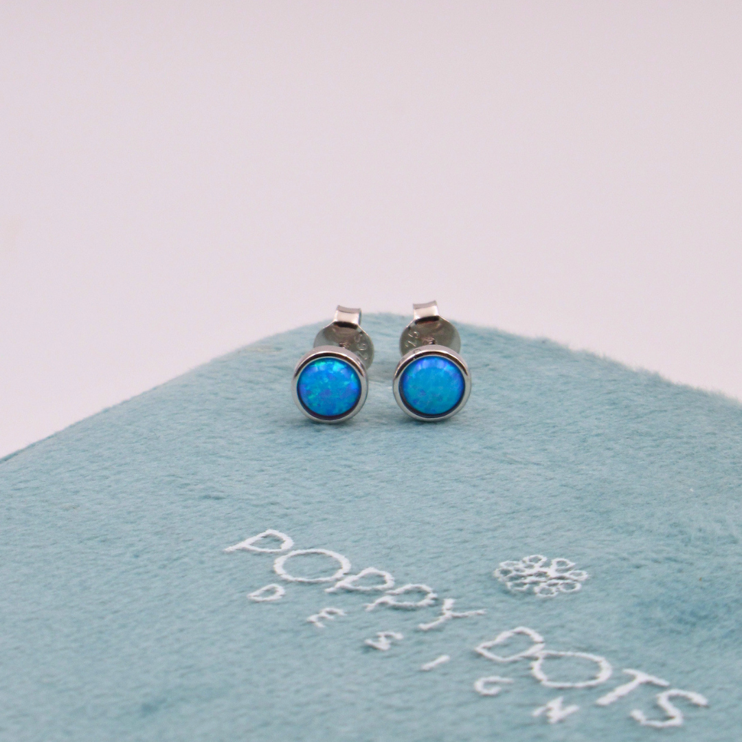 Sterling Silver Round Blue Gilson Opal Stud Earrings
