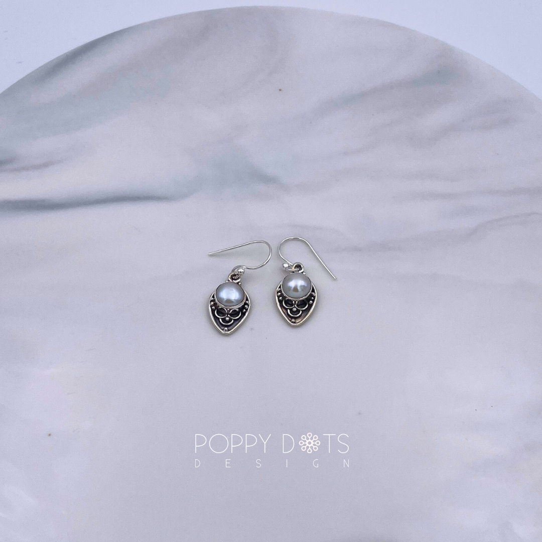Sterling Silver Solid Filigree Pearl Earrings
