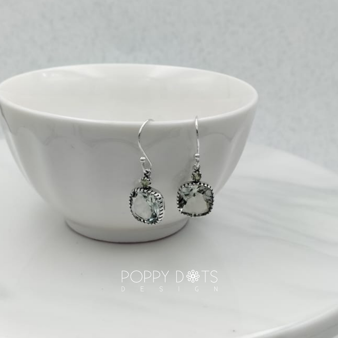 Sterling Silver Square Faceted Green Amethyst Earrings