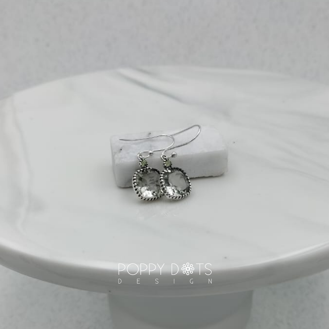 Sterling Silver Square Faceted Green Amethyst Earrings