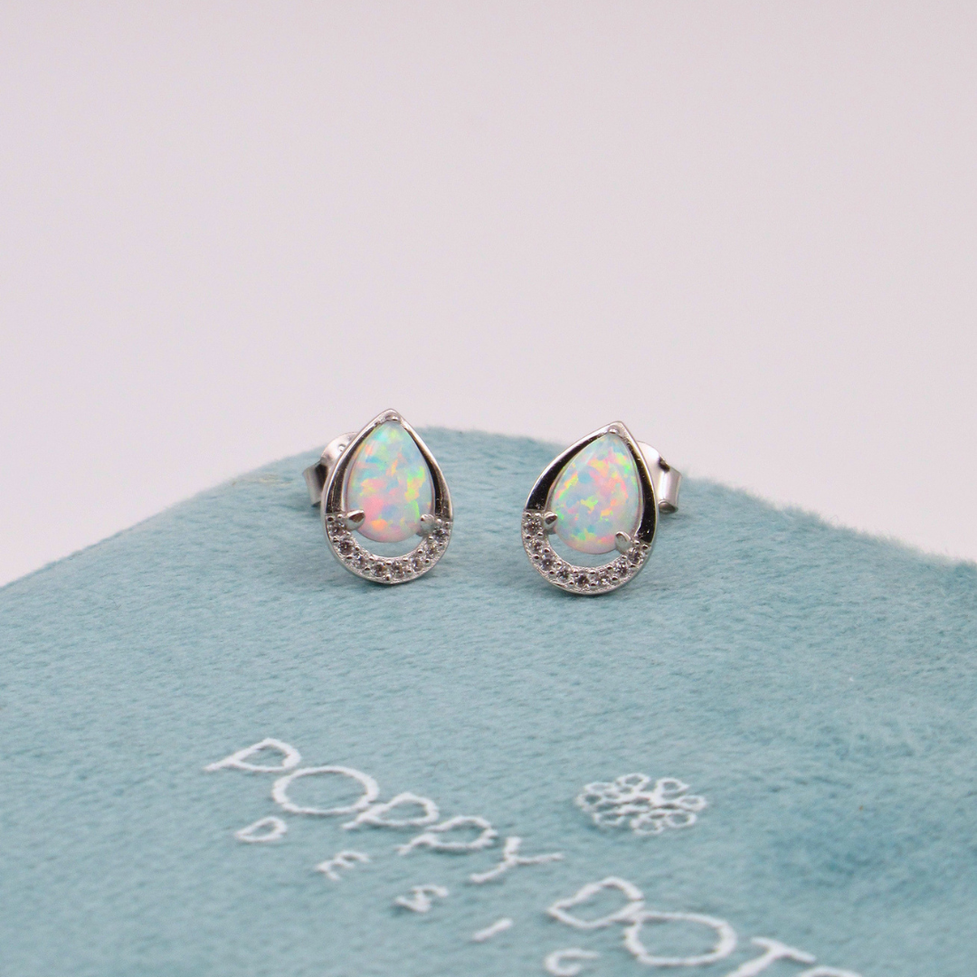 Sterling Silver Teardrop White Gilson Opal and Zirconia Stud Earrings