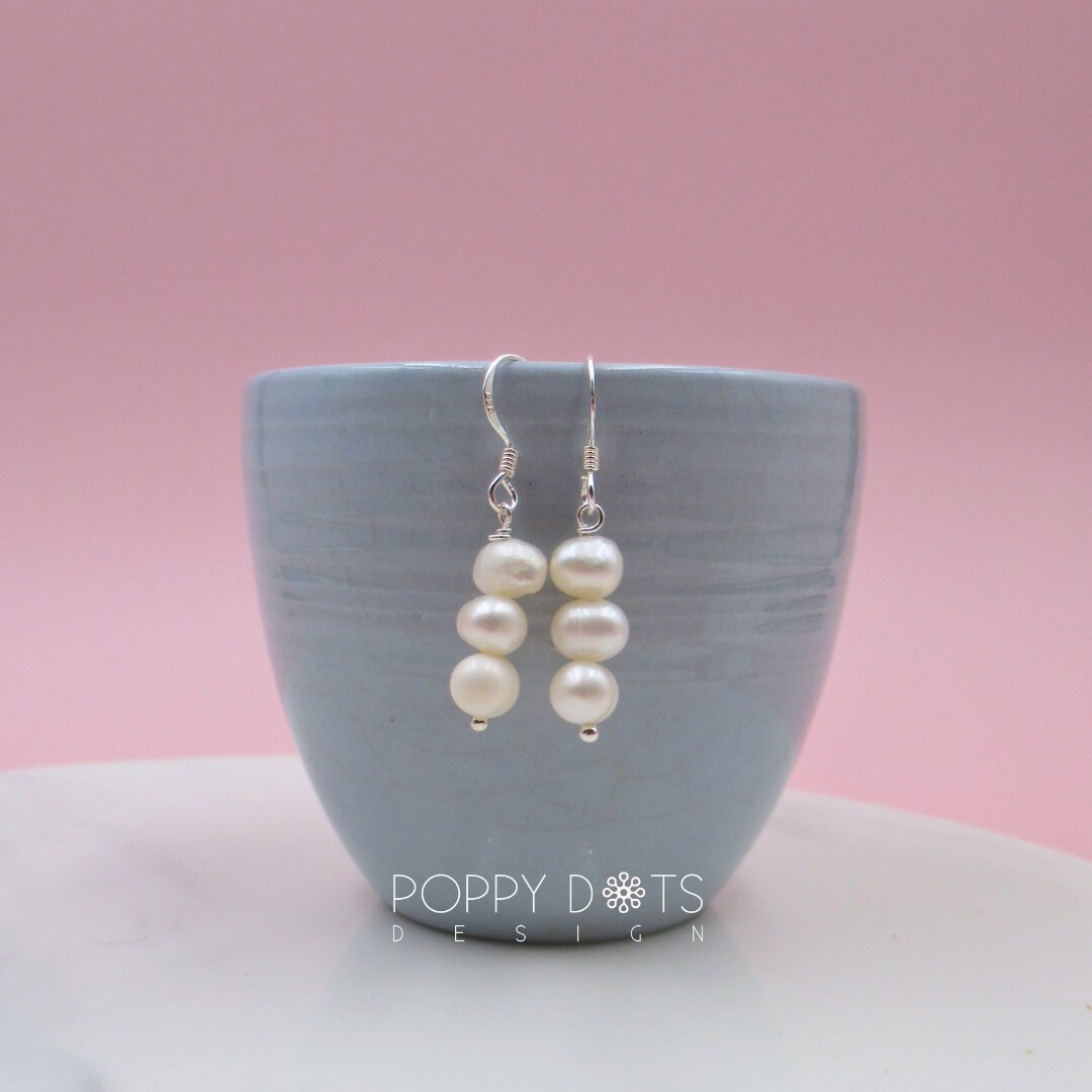 Sterling Silver Triple Stacked Pearl Drop Earrings