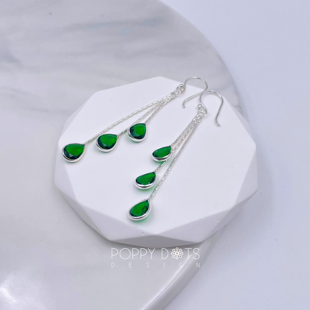 Sterling Silver Triple Green Teardrop Zirconia Earrings