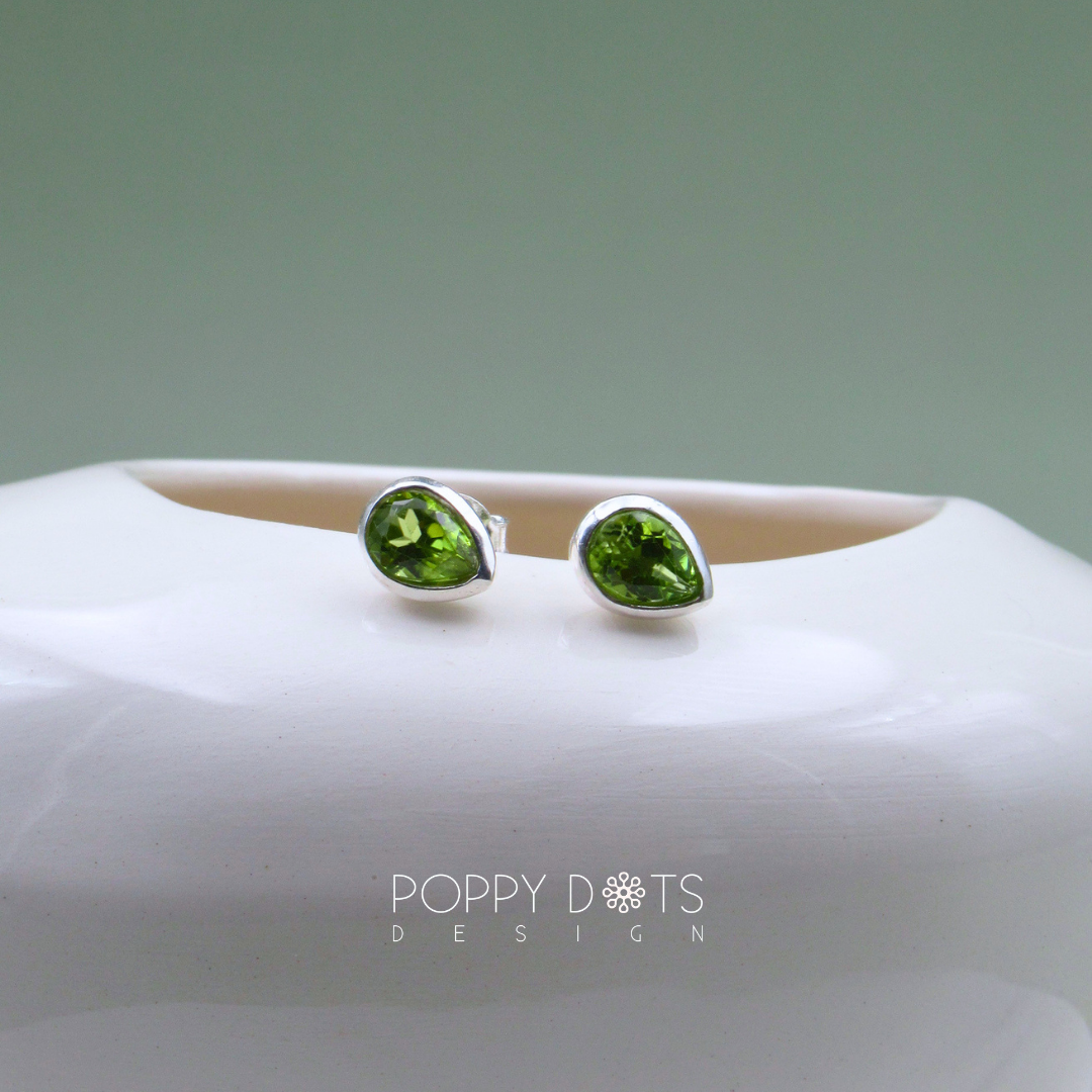 Sterling Silver Tube Set Teardrop Peridot Studs