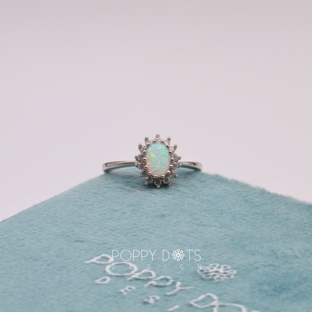 Sterling Silver Zirconia Halo Oval White Gilson Opal Ring