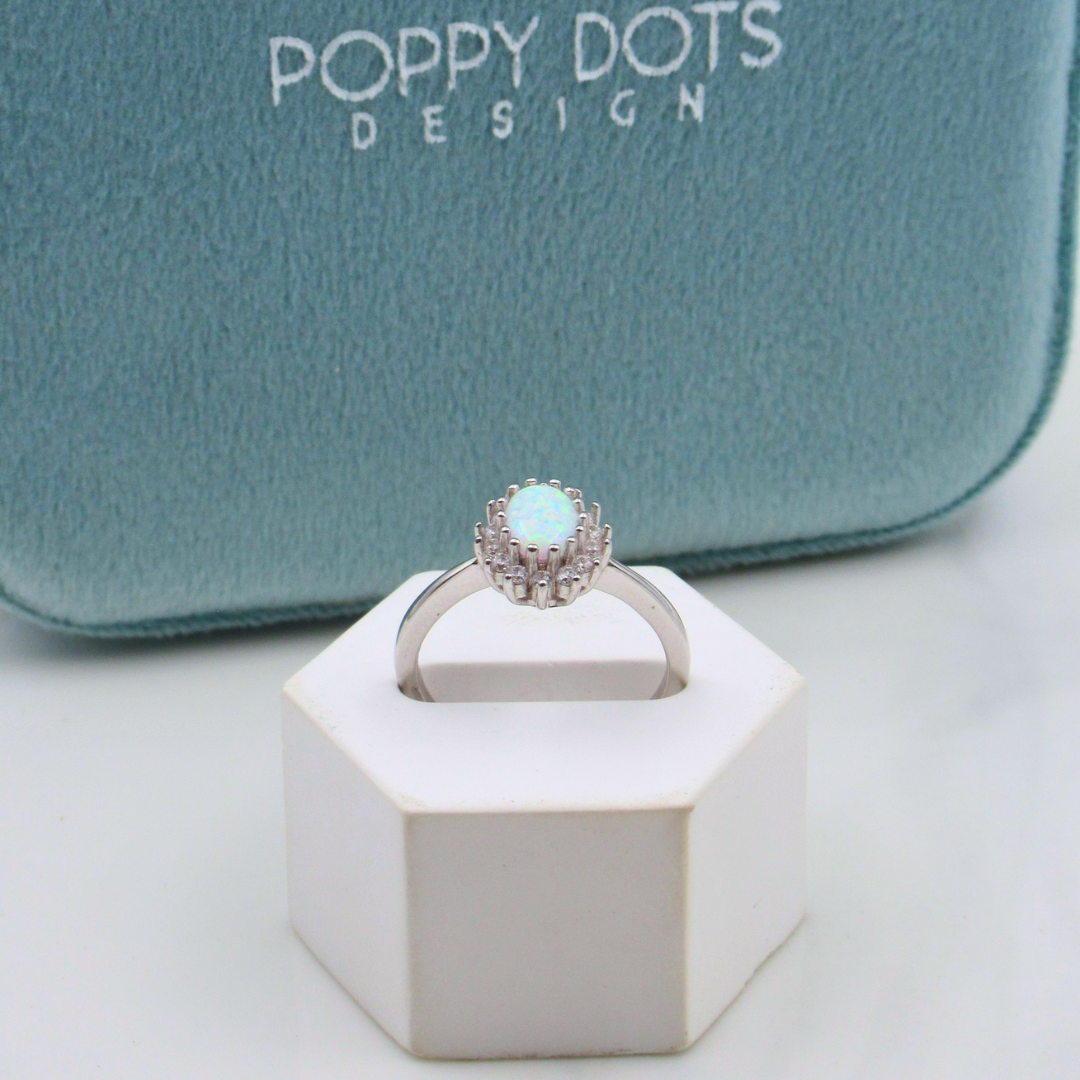 Sterling Silver Zirconia Halo Oval White Gilson Opal Ring
