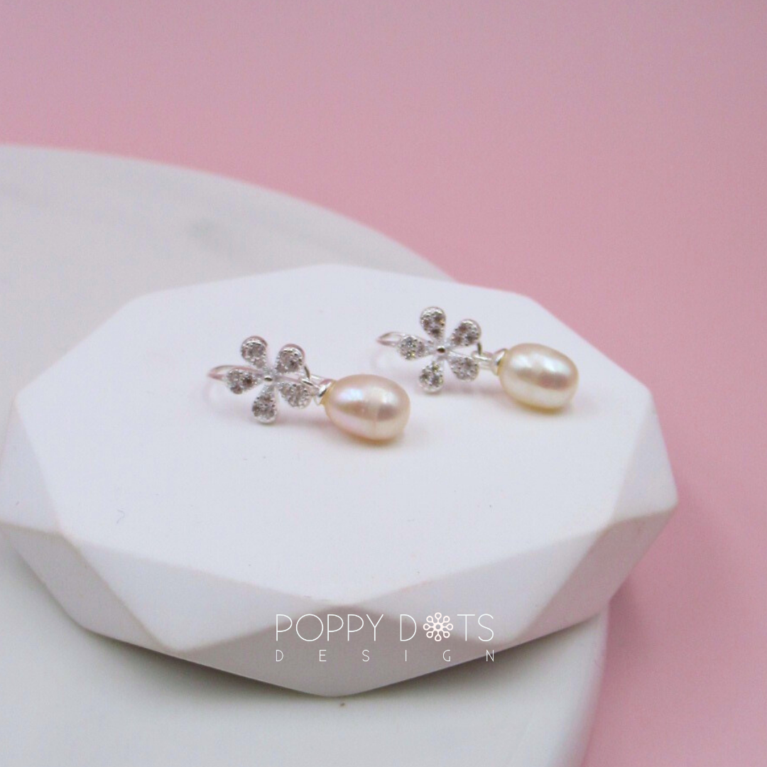 Sterling Silver Zirconia Daisy Pearl Drop Earrings