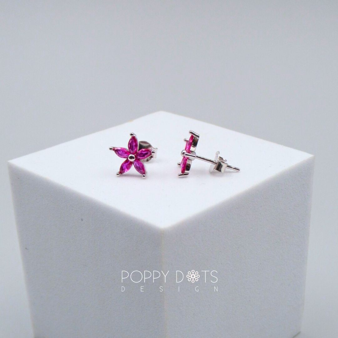 Sterling Silver Dark Pink Flower Zirconia Studs