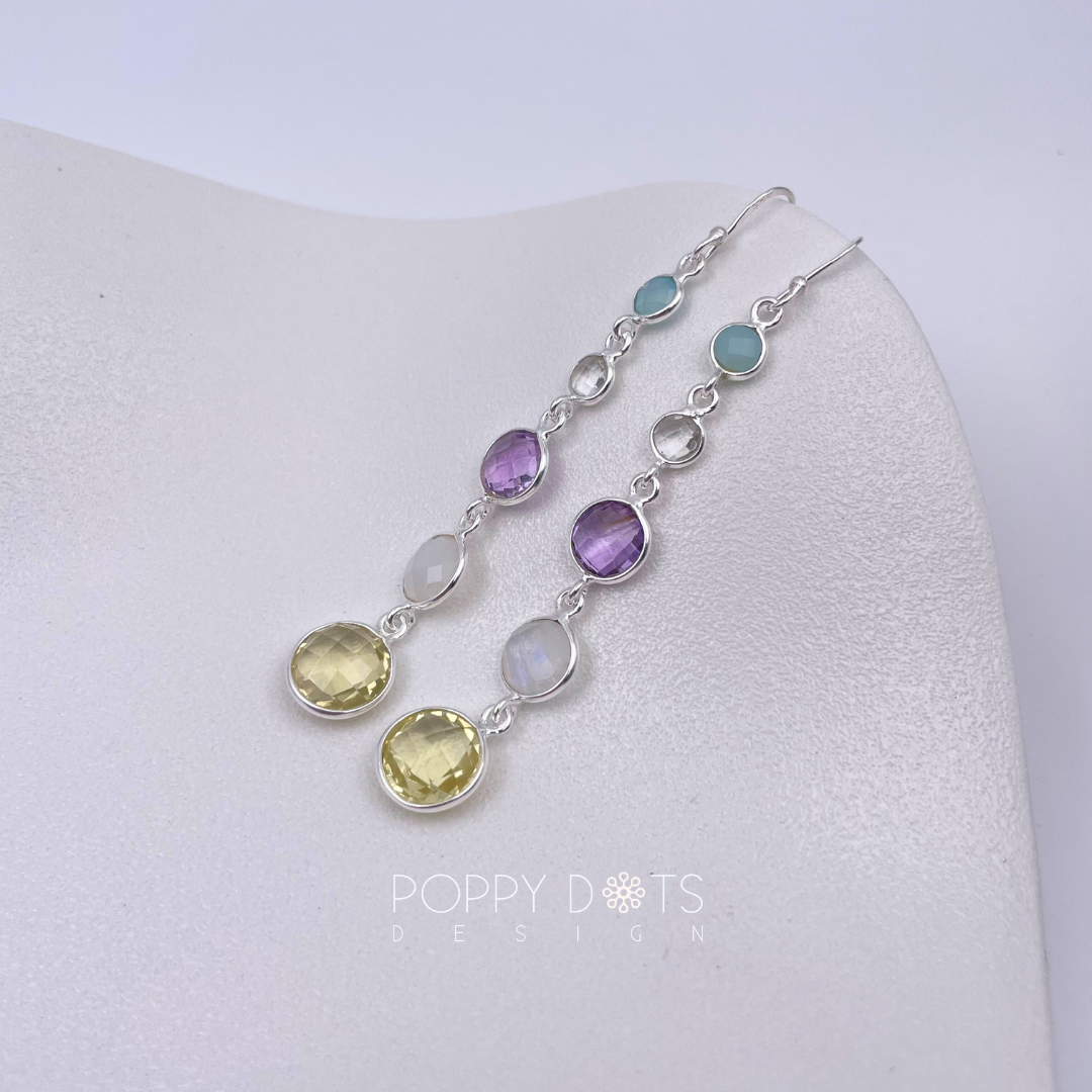 Sterling Silver Blue Onyx, Crystal, Purple Amethyst, Moonstone and Citrine Quartz Earrings