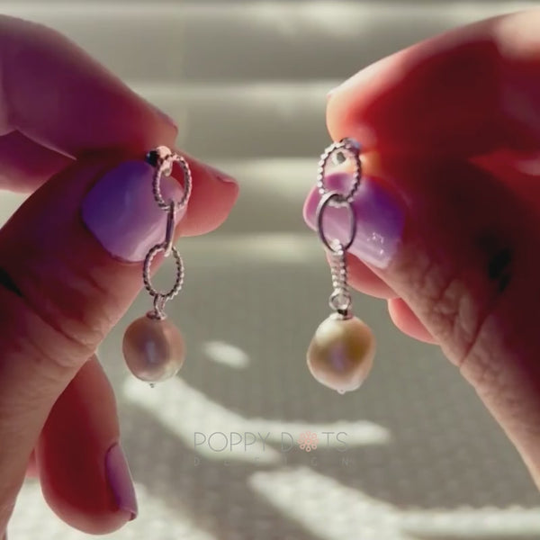 Sterling Silver Triple Link Pearl Dangling Studs