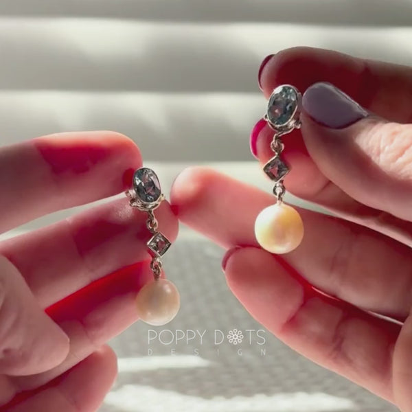 Sterling Silver Double Blue Topaz and Pearl Stud Earrings