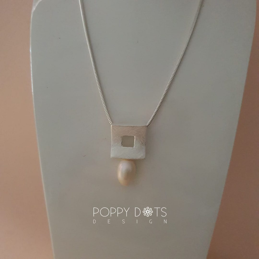 Brushed Square Sterling Silver & Pearl Pendant