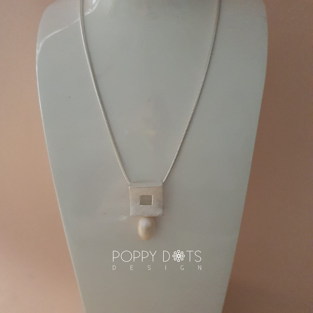 Brushed Square Sterling Silver & Pearl Pendant
