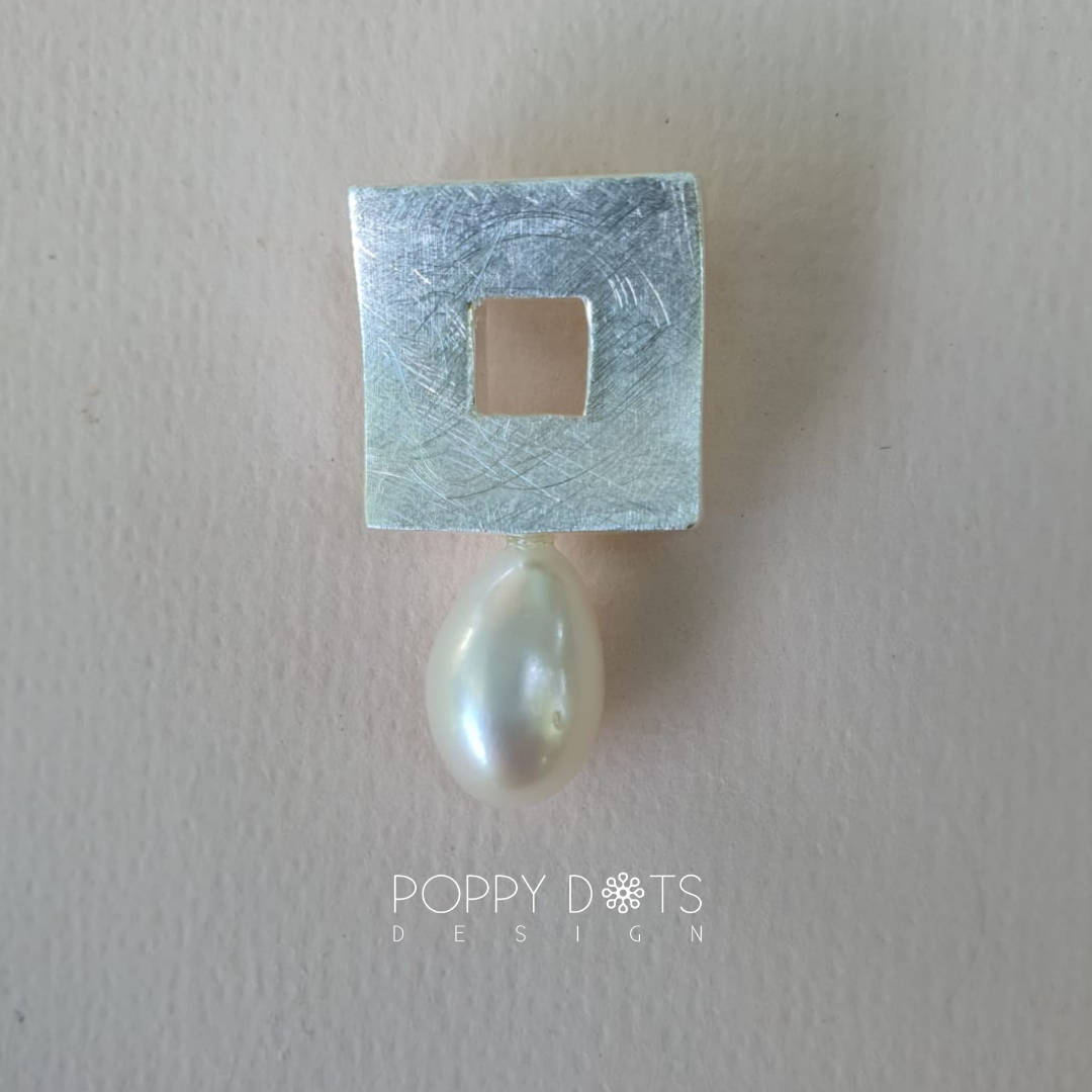 Brushed Square Sterling Silver & Pearl Pendant