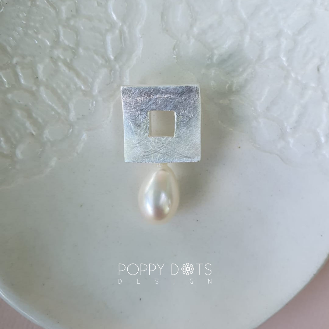 Brushed Square Sterling Silver & Pearl Pendant