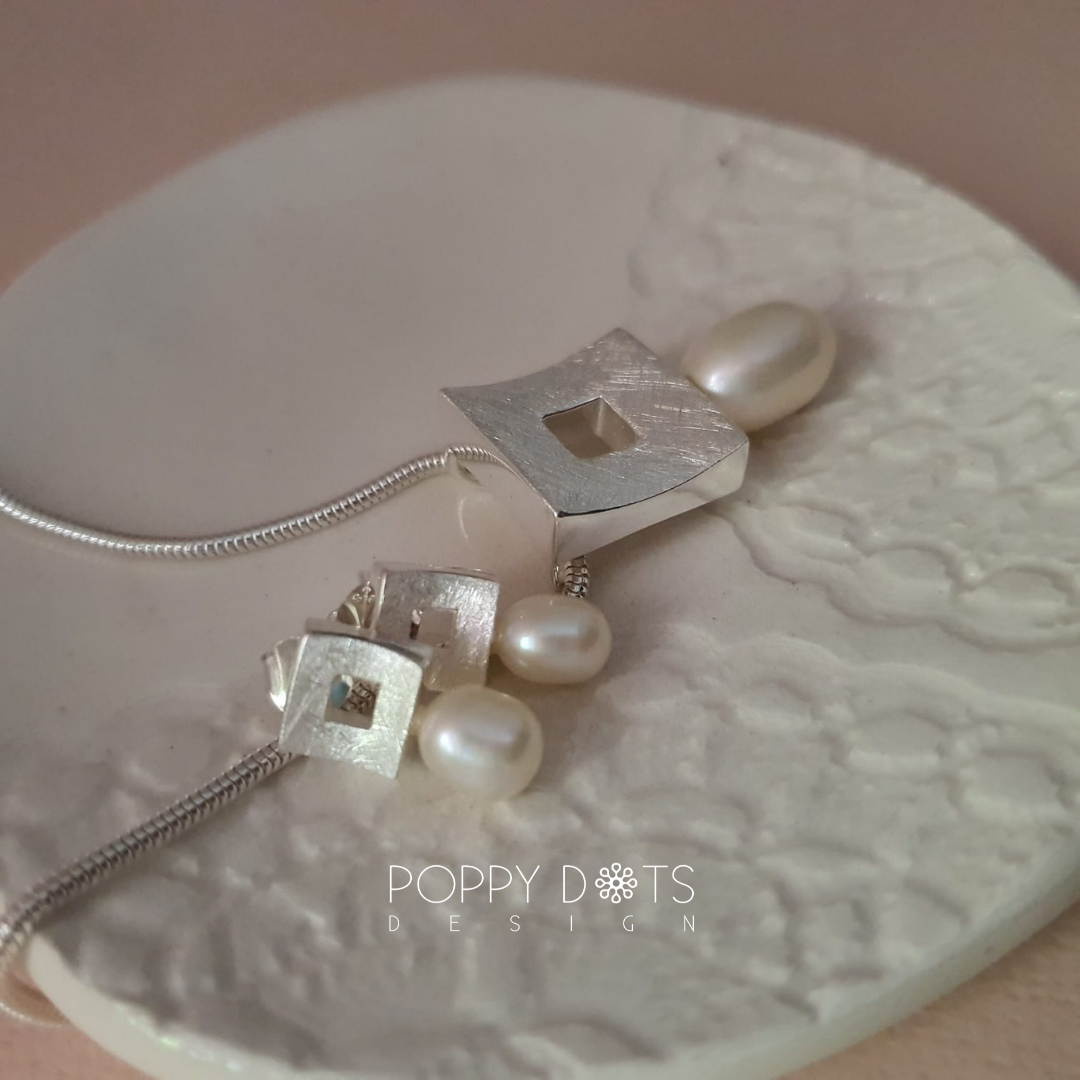 Brushed Square Sterling Silver & Pearl Studs