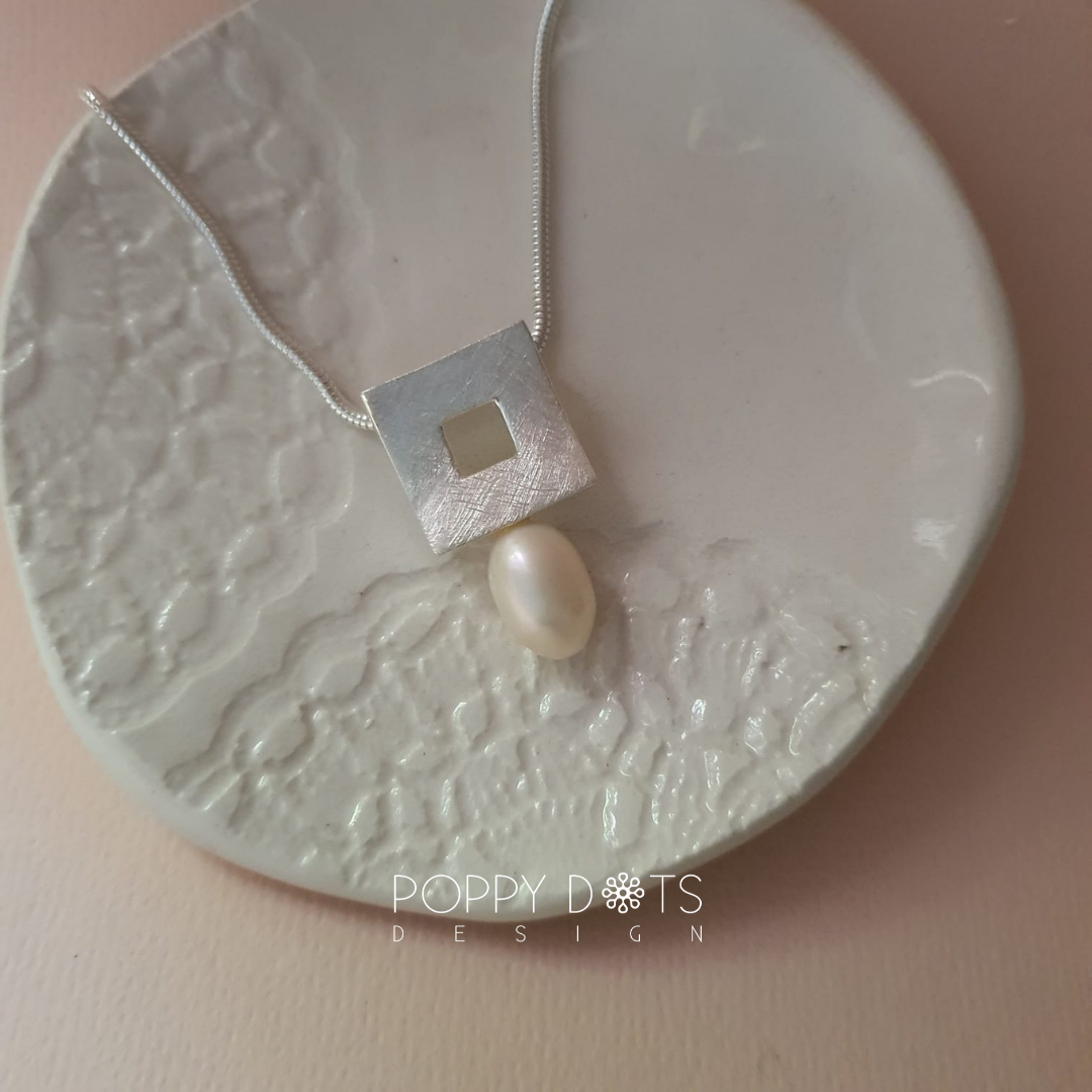 Brushed Square Sterling Silver & Pearl Pendant