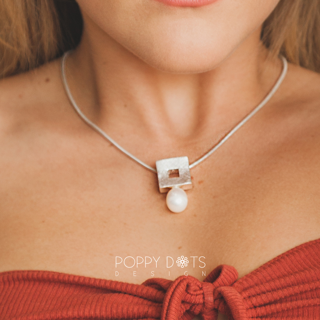Brushed Square Sterling Silver & Pearl Pendant
