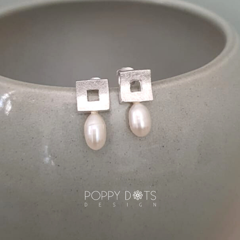 Brushed Square Sterling Silver & Pearl Studs