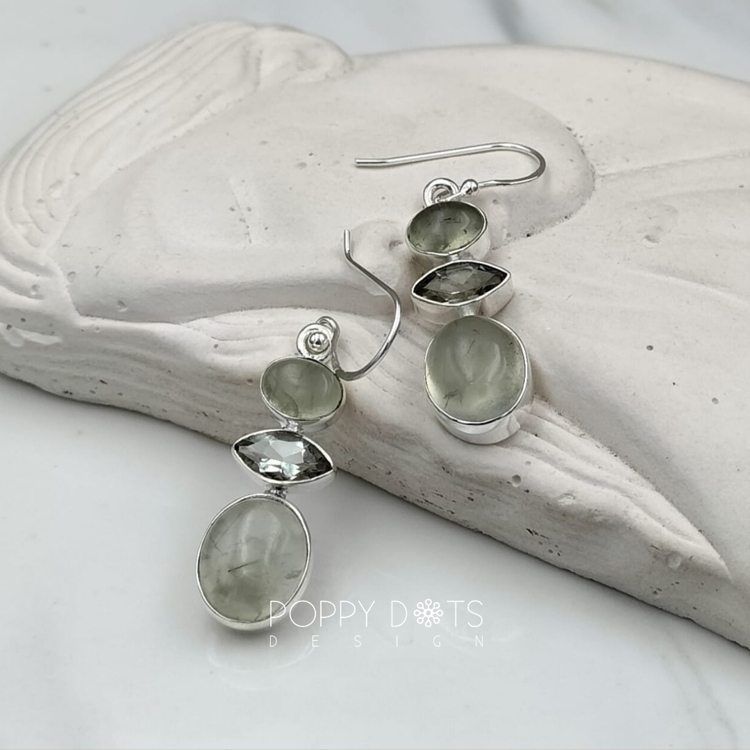 Luxurious Sterling Silver Prehnite and Green Amethyst Earrings
