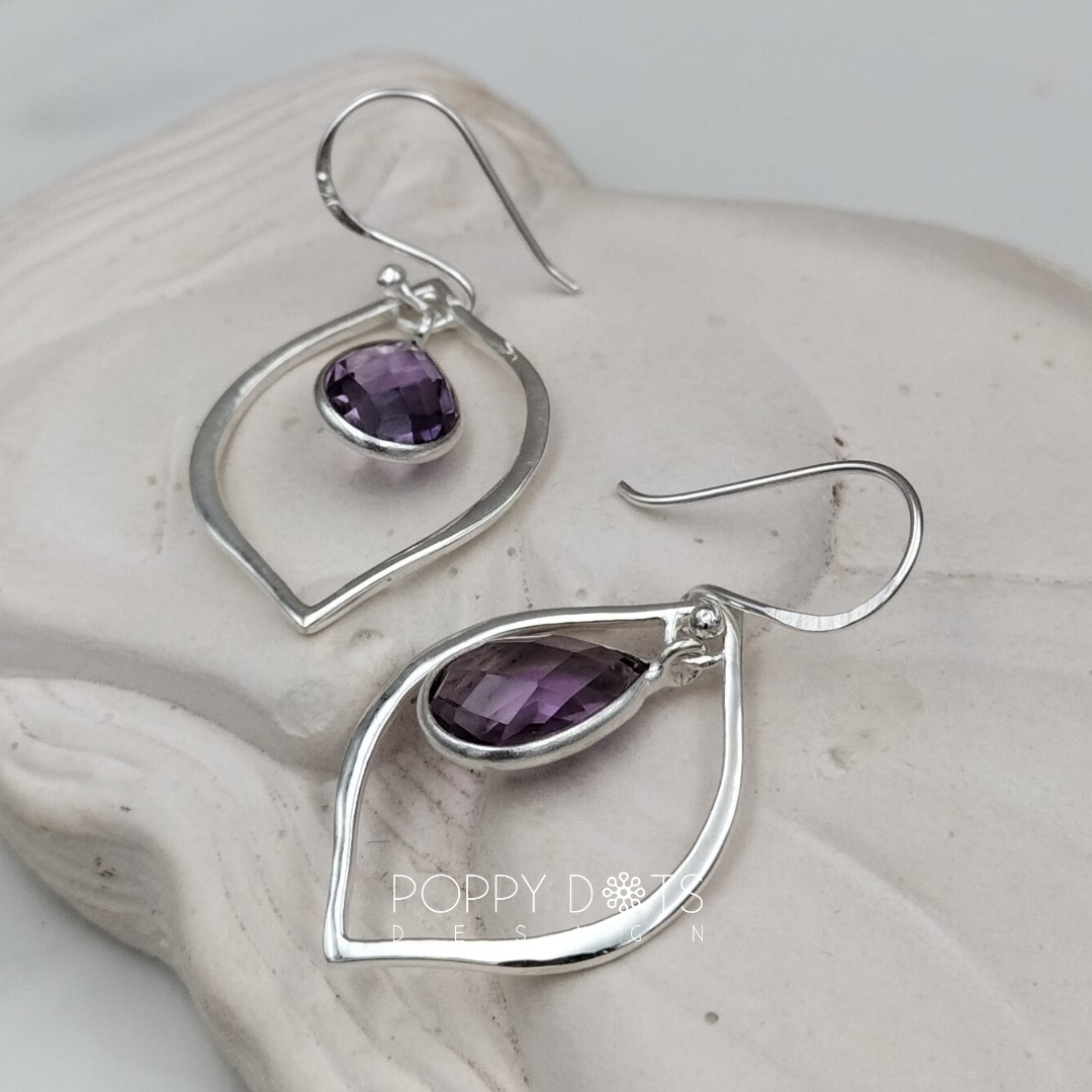 Sterling Silver Dangling Drop Purple Amethyst Earrings