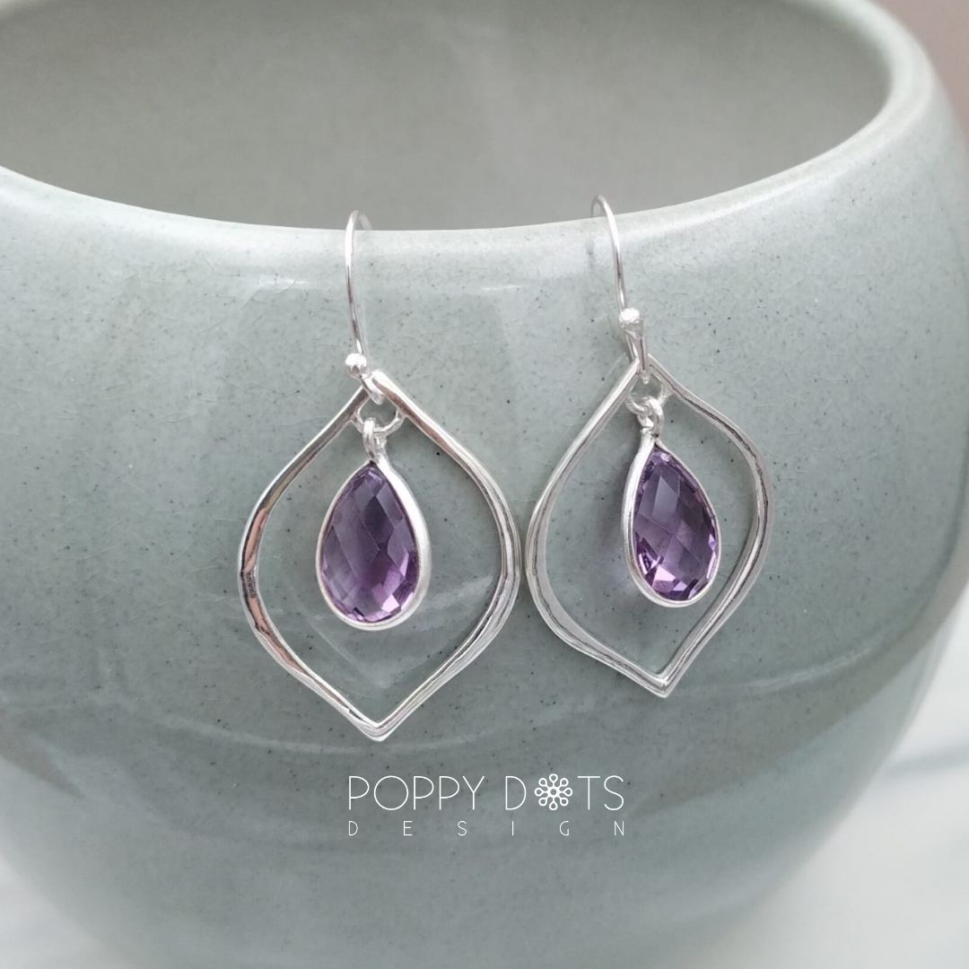 Sterling Silver Dangling Drop Purple Amethyst Earrings