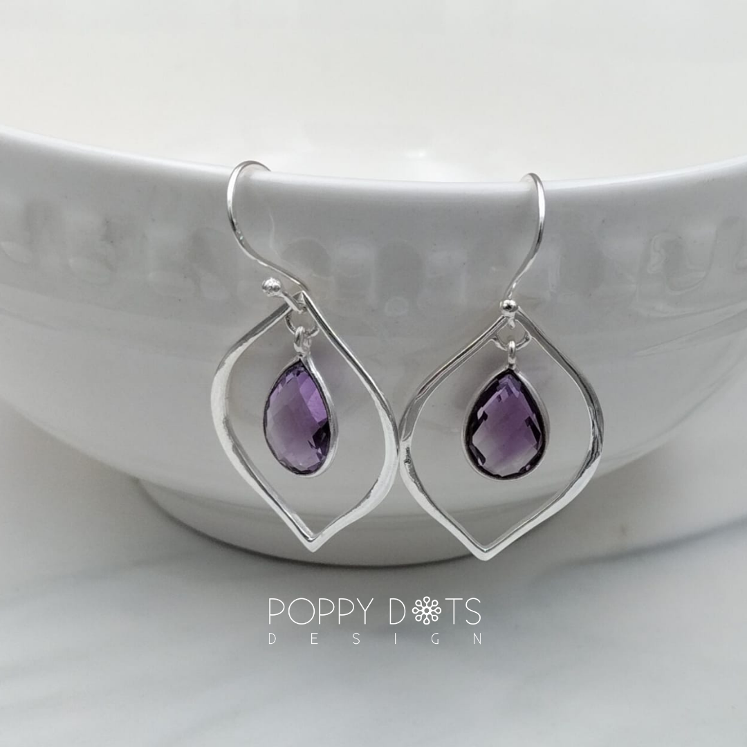 Sterling Silver Dangling Drop Purple Amethyst Earrings