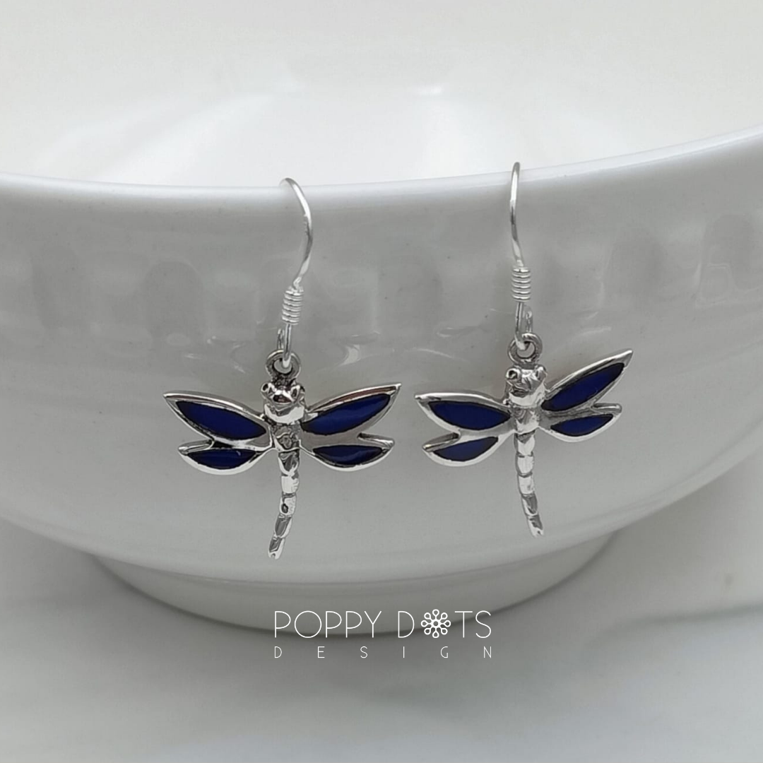 Sterling Silver Navy Blue Shell Dragonfly Earrings