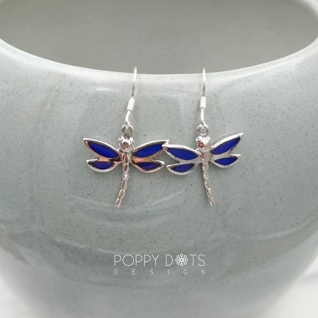Sterling Silver Navy Blue Shell Dragonfly Earrings