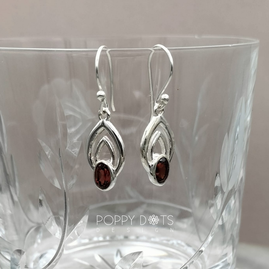 Sterling Silver Oval Garnet Drop Earrings