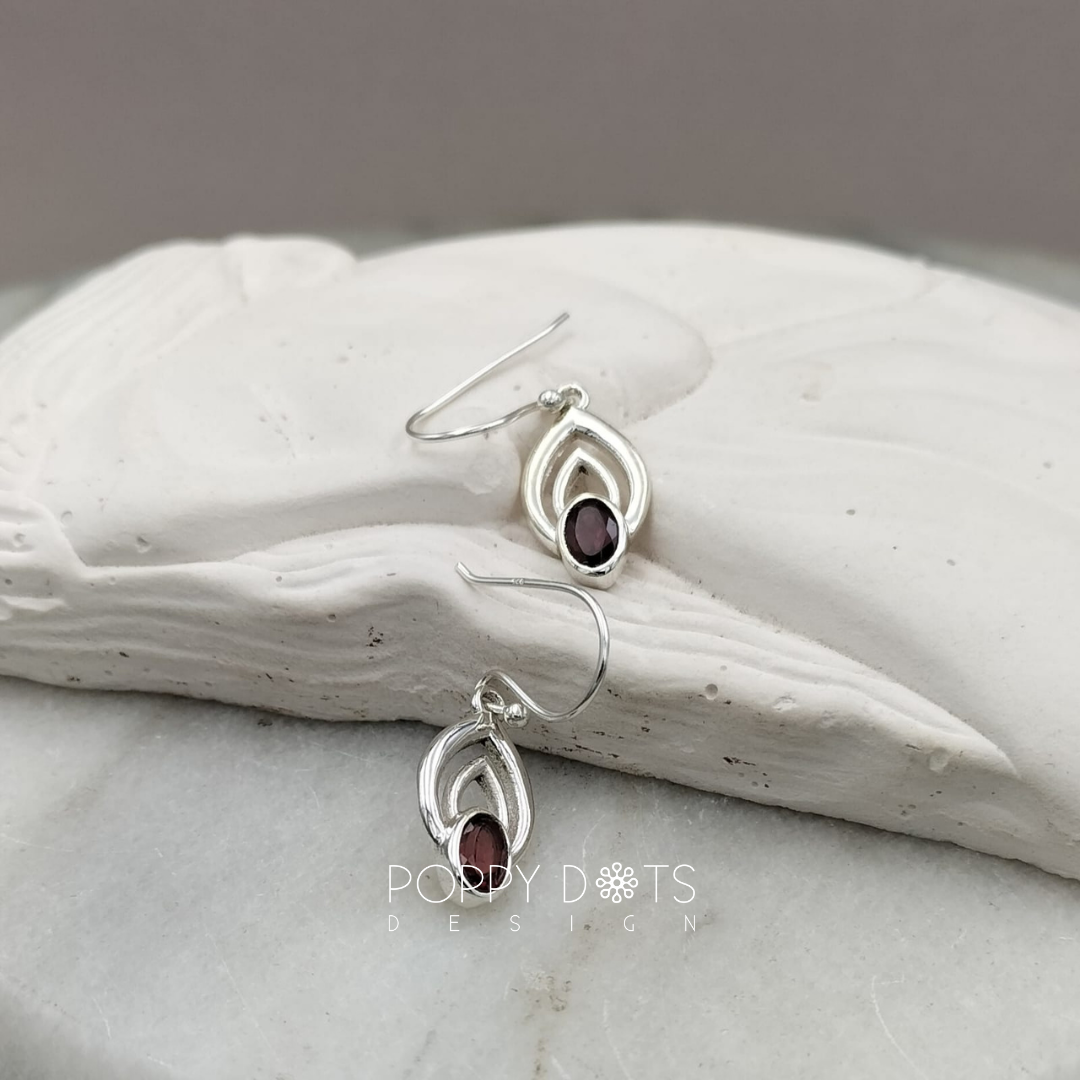 Sterling Silver Oval Garnet Drop Earrings