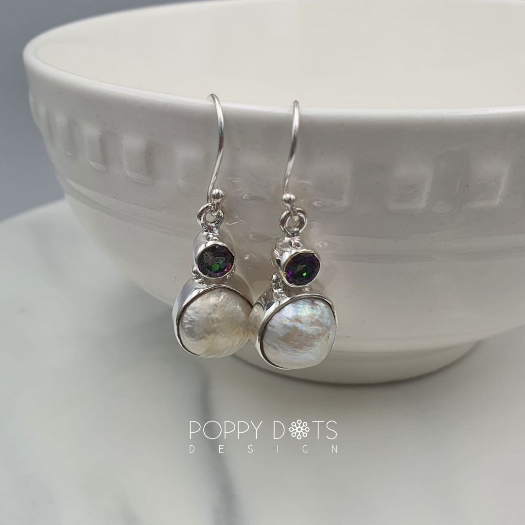 Sterling Silver Pearl and Mystic Topaz Earrings