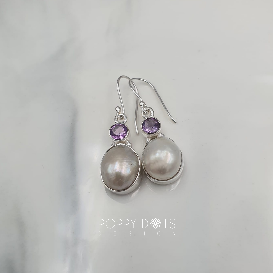 Sterling Silver Pearl and Purple Amethyst Earrings