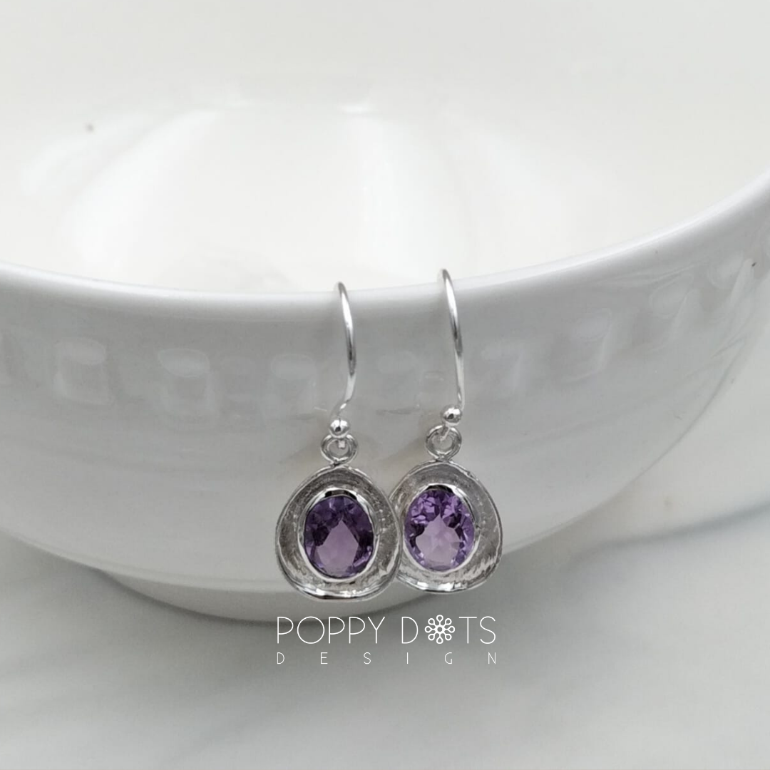 Sterling Silver Purple Amethyst Oval Cup Earrings