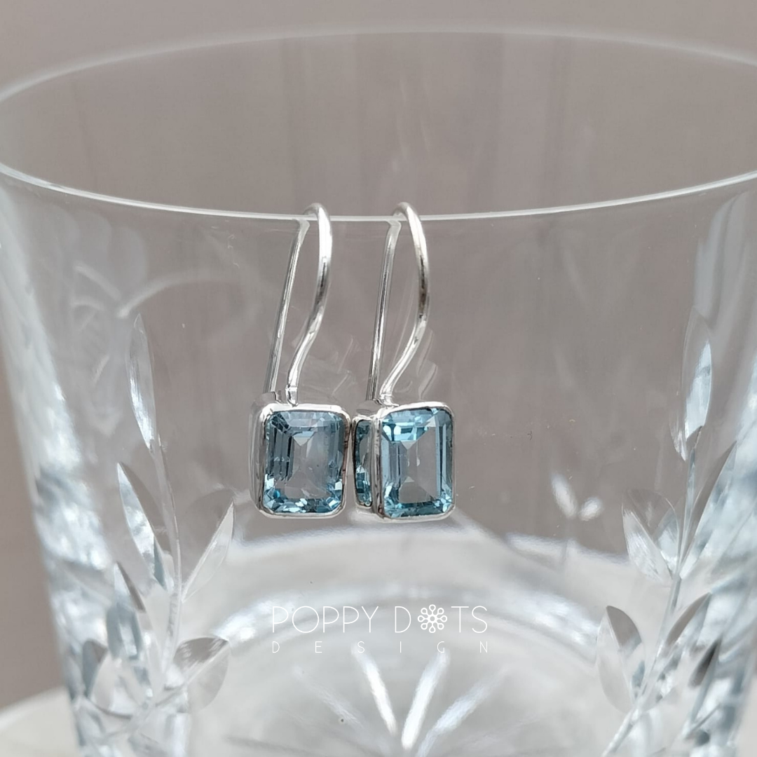 Sterling Silver Solid Hook Rectangular Blue Topaz Earrings