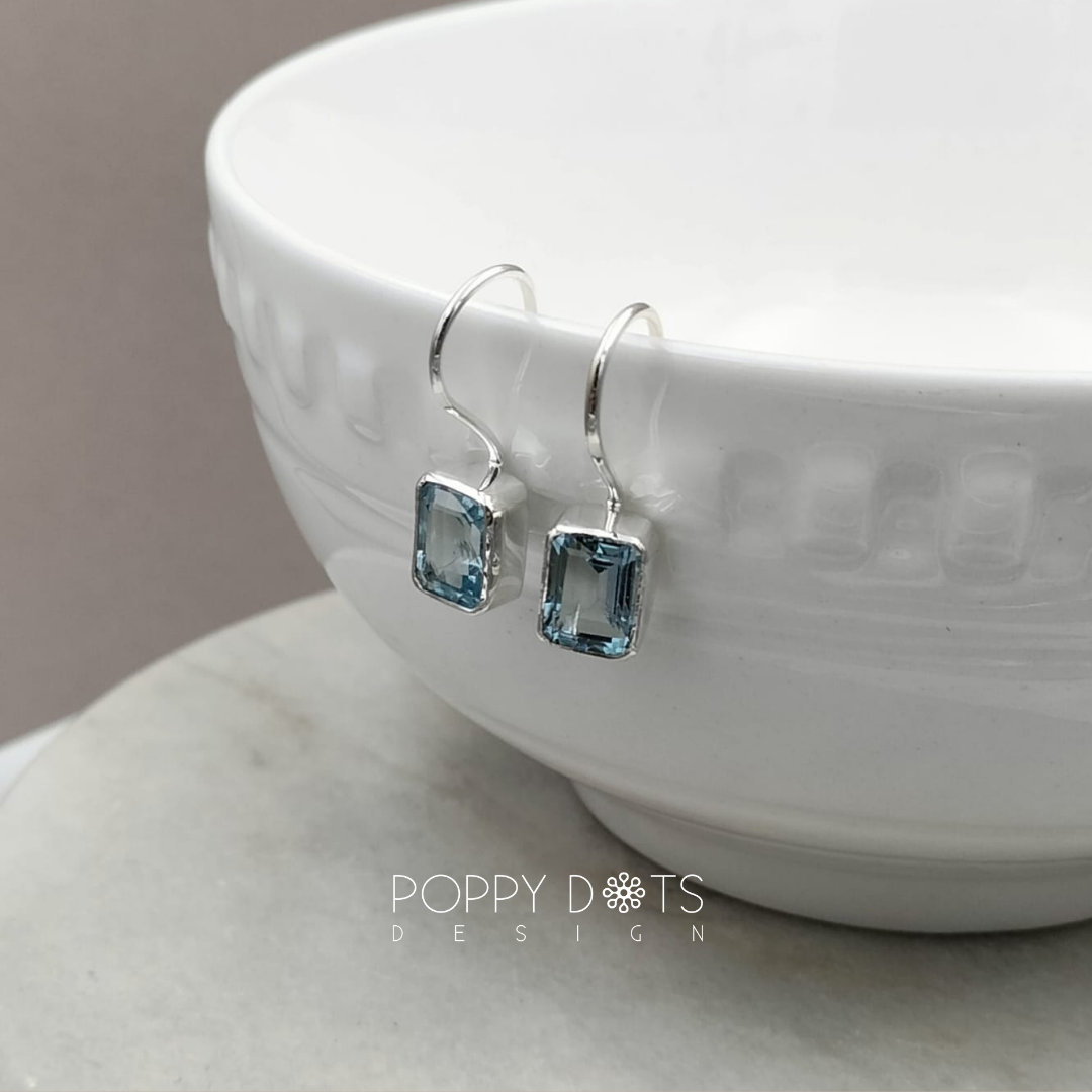 Sterling Silver Solid Hook Rectangular Blue Topaz Earrings