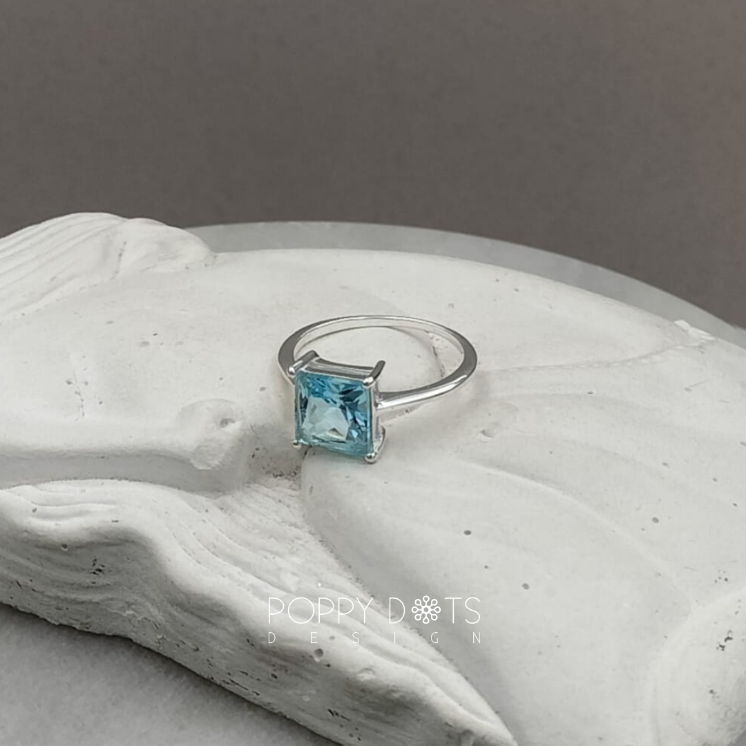 Sterling Silver Square Blue Topaz Solitaire Ring